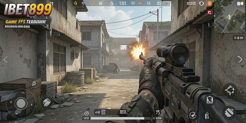 Tangkapan layar IBET899 menampilkan momen intens dalam pertempuran FPS.