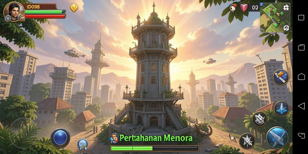 Tangkapan layar ID098 menampilkan aksi menegangkan dari game Tower Defense.