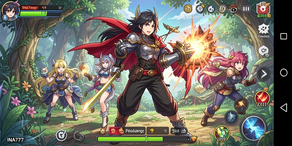 Tampilan gameplay INA777 yang penuh aksi dan karakter anime yang menarik.
