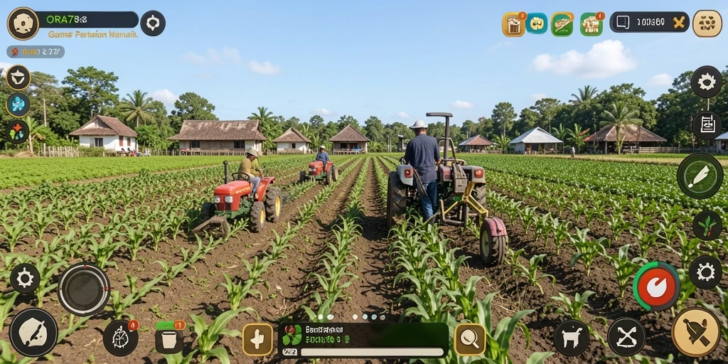 Tampilan gameplay <strong>ORA78</strong> dengan ladang pertanian yang subur dan hewan ternak.