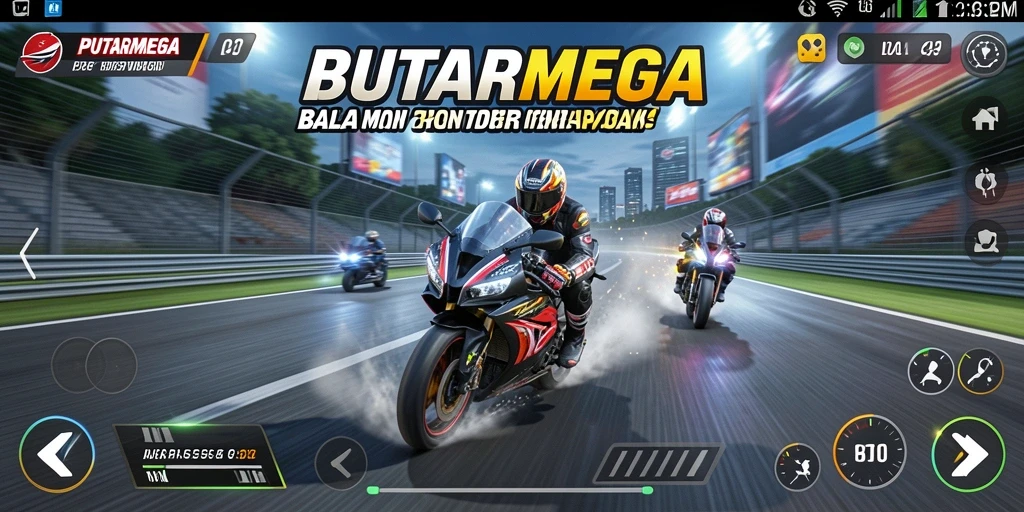 Screenshot dari gameplay PUTARMEGA yang menampilkan balapan motor yang seru.